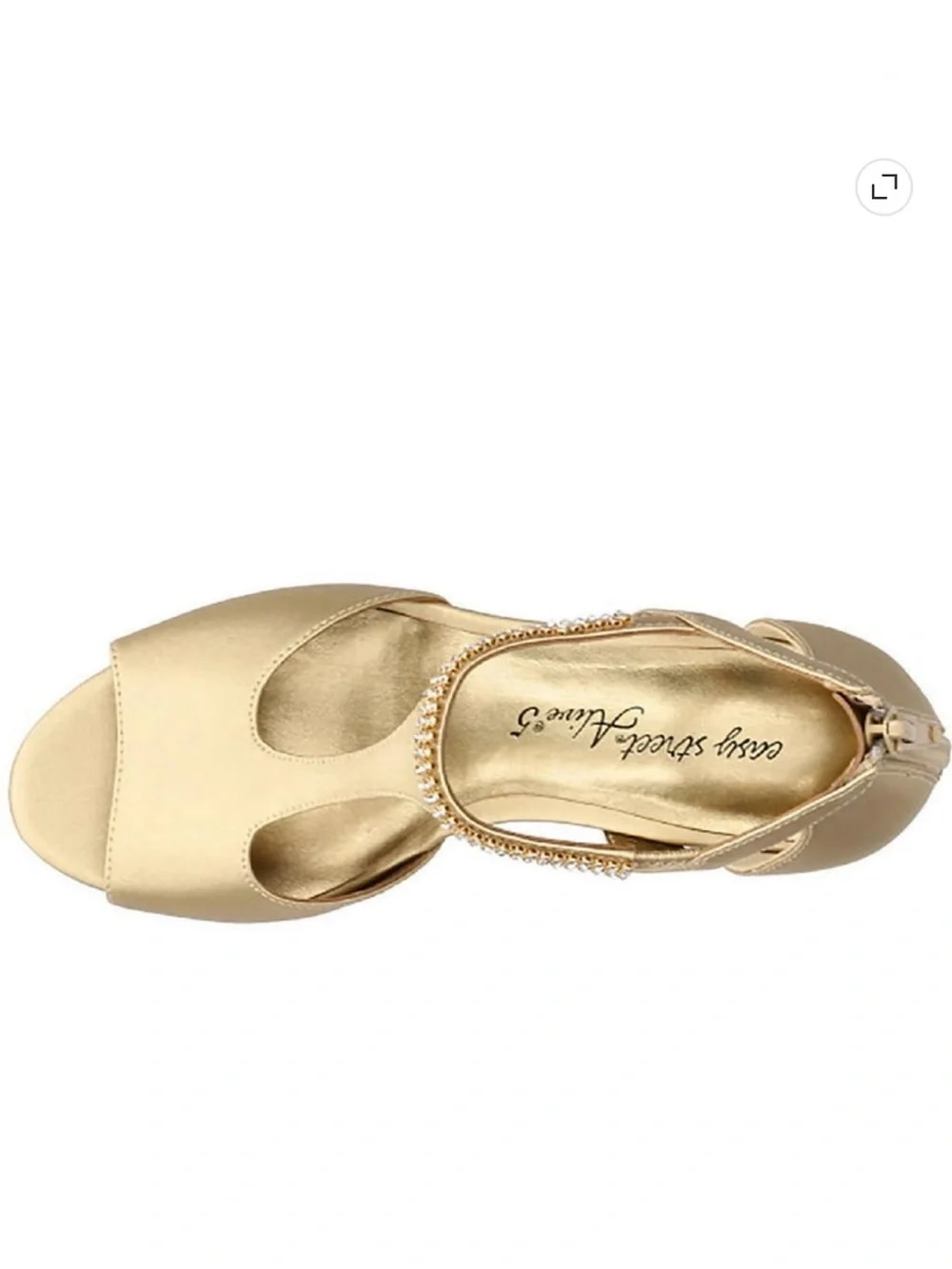 easy street 11M Metallic Gold Satin T-Strap Rhinestone Block Heel Sandals